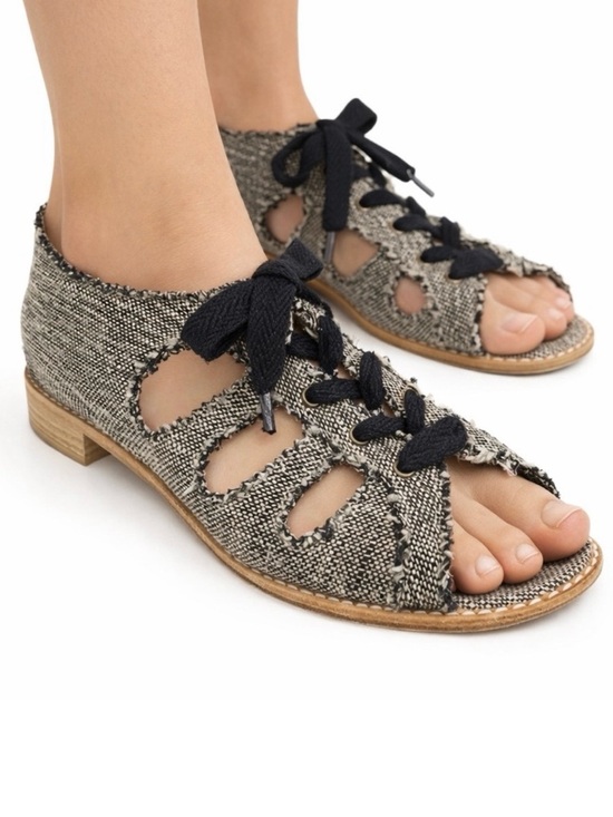 Stuart Weitzman Shoes - Stuart Weitzman Woven Open Toe Lace-Up Flats Sandals Boho Linen Burlap
